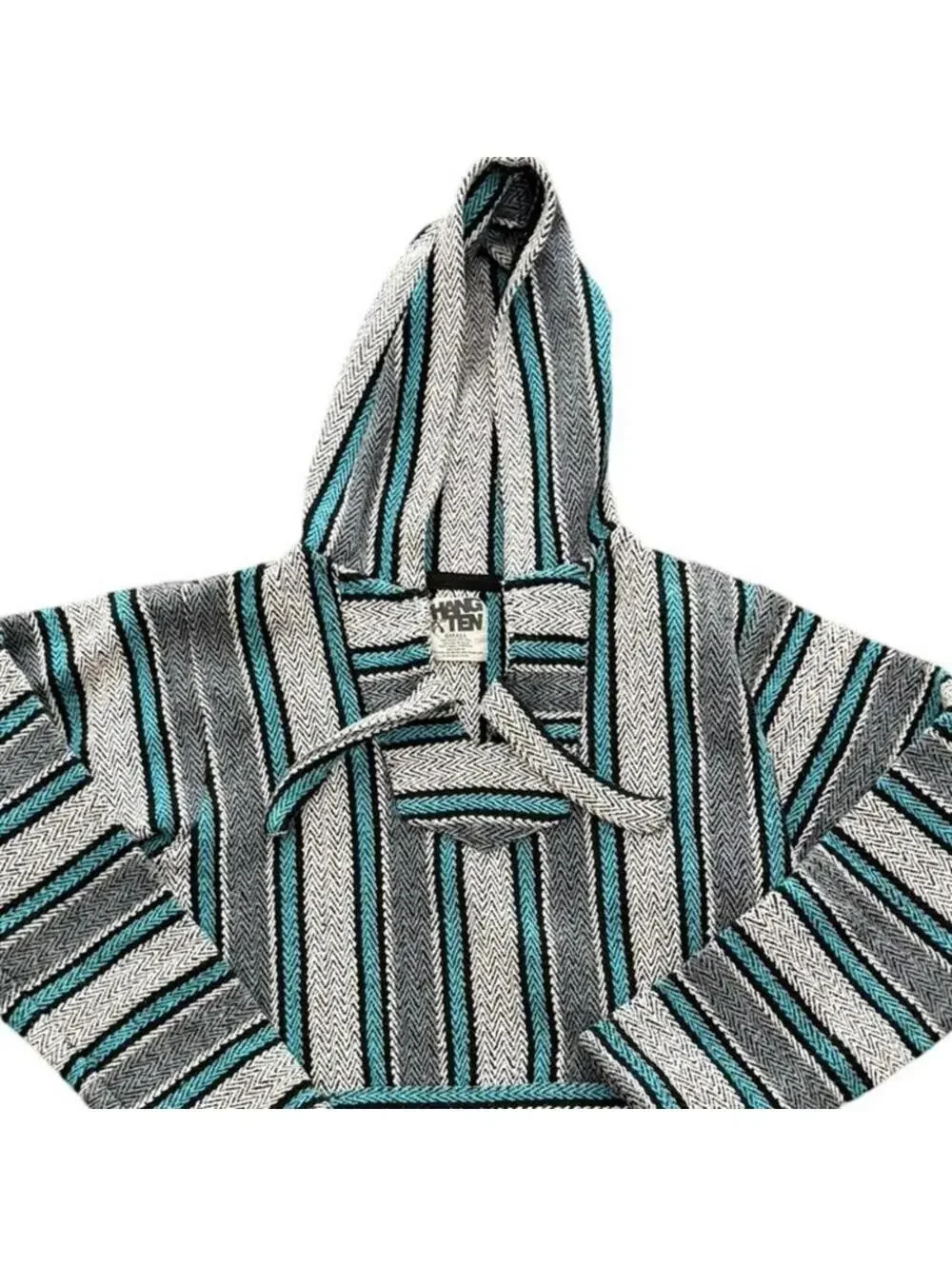 Vintage Hang Ten Baja Hoodie Drug Rug Mexican Pancho Large blue Gray textured